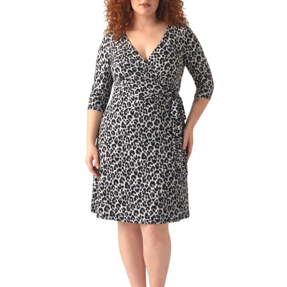 Kiyonna Grey Black Leopard Pattern Wrap Dress V-Neck 3/4 Sleeve Classic Size 2X